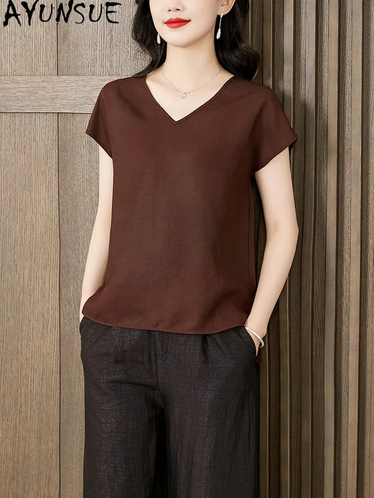 AYUNSUE 100% Real Mulberry Silk Women T Shirts Simple Short Sleeved T-shirts for Women Summer V-neck Women Clothes 2026 Футболки