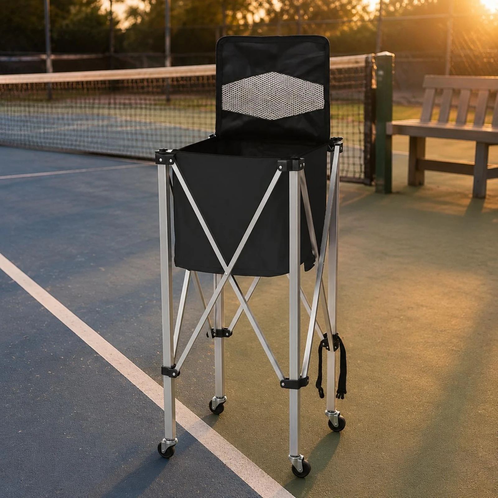

Mesh Lid Ball Wagon Aluminum Alloy Foldable Ball Wagon Rolling Storage Basket Caster Wheels