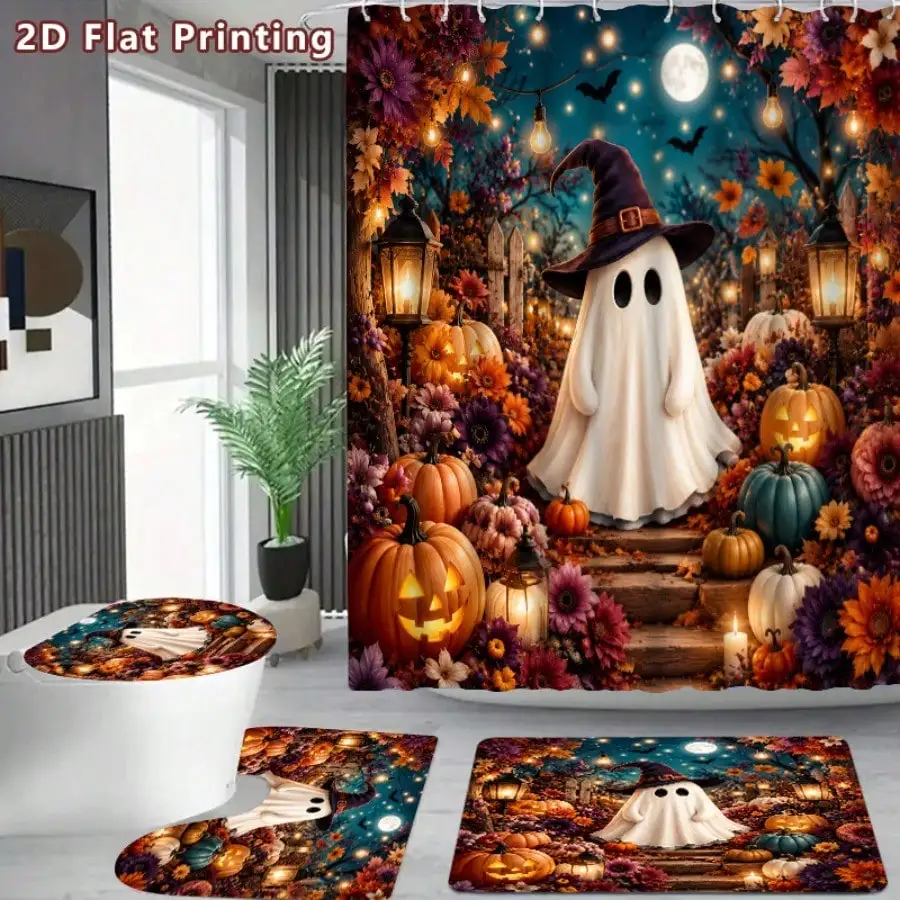 4Pcs Vintage Gothic Pink Bow Ghost Shower Curtain Set, Lace Pumpkin Rose Candle Print Bathroom Decor, Non-Slip Bath Mat, U-Shape