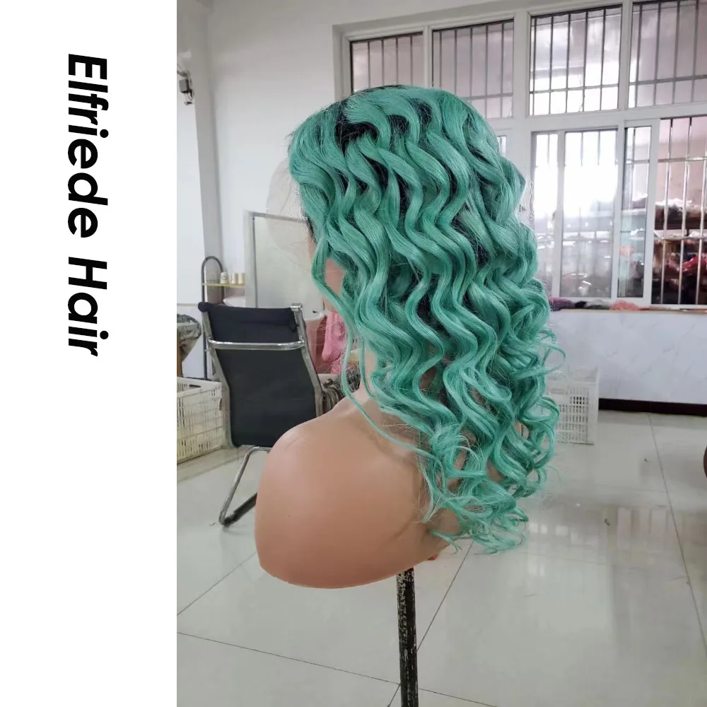 Elfriede Dark Root Ombre Green Colored Loose Wave Lace Wigs for Women Breathable 13X4 HD Lace Frontal Wig Remy Human Hair Wigs