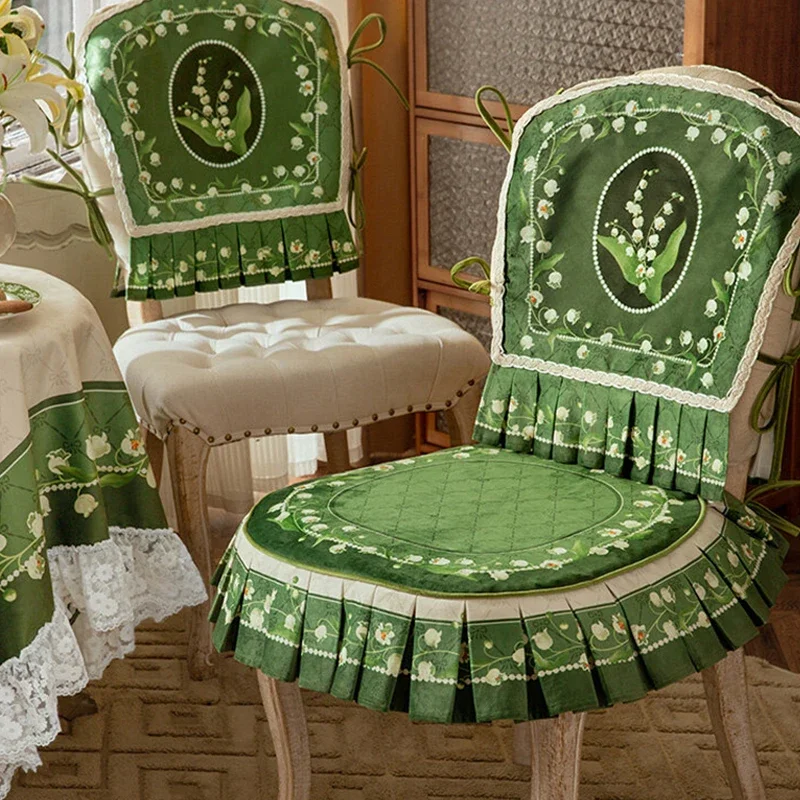 Lily of the Valley Dining Chair Cushion Pastoral Chair Cover Home Decor Green Short Plush Thickened Seat Cushion Back Towel