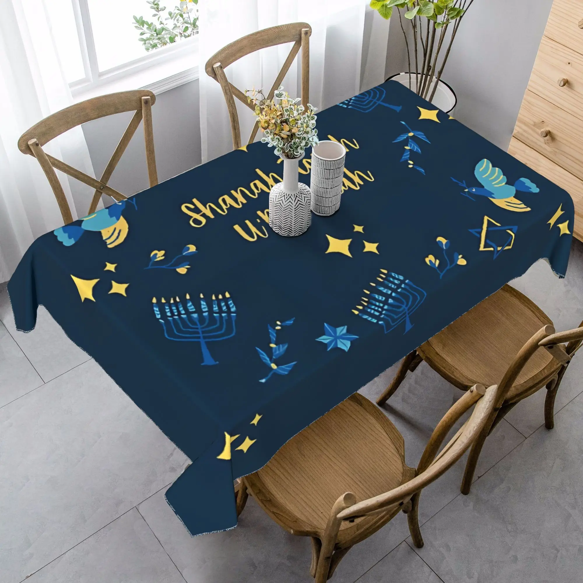 Shana Tova Rectangle Tablecloth for Table Decoration Jewish Hexagram Rosh Hashanah Kitchen Dining Table Cloth Fiesta Party Decor
