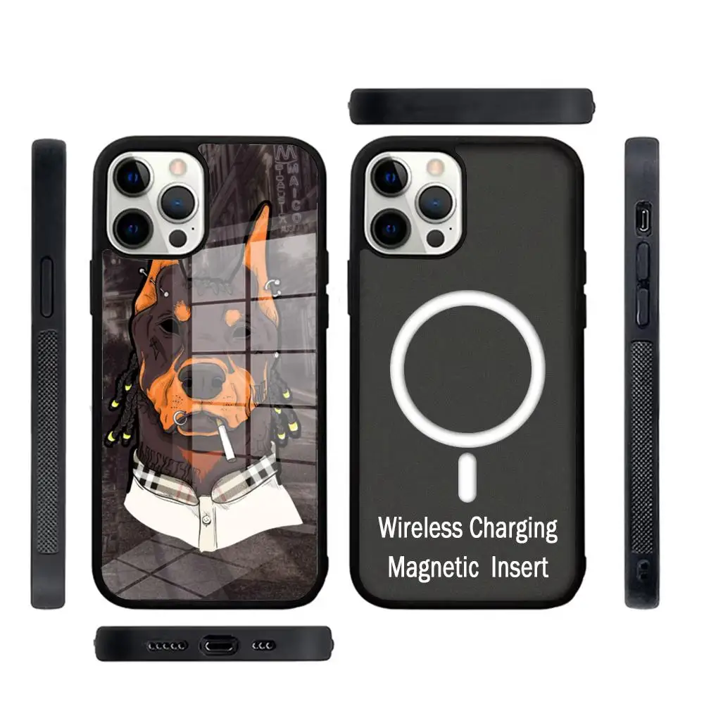

Animal Dachshund Doberman Dog Phone Case Glass For IPhone 16 15 Promax 14 13 Pro 12 11 Magnetic charging Covers