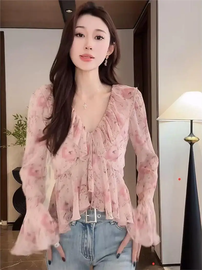 Chic V-neck Floral Embellished Chiffon Shirt Women's Fashionable Beautiful Lace Trim Top Elegant Style Long Sleeve Loose Fit