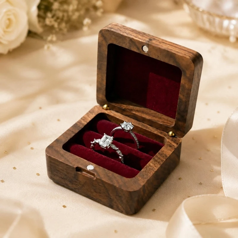 Wedding Ring Box for 2 Rings with Hinged Opening, Black Walnut Body, and Dedicated Slots for Organized Presentation E0BF