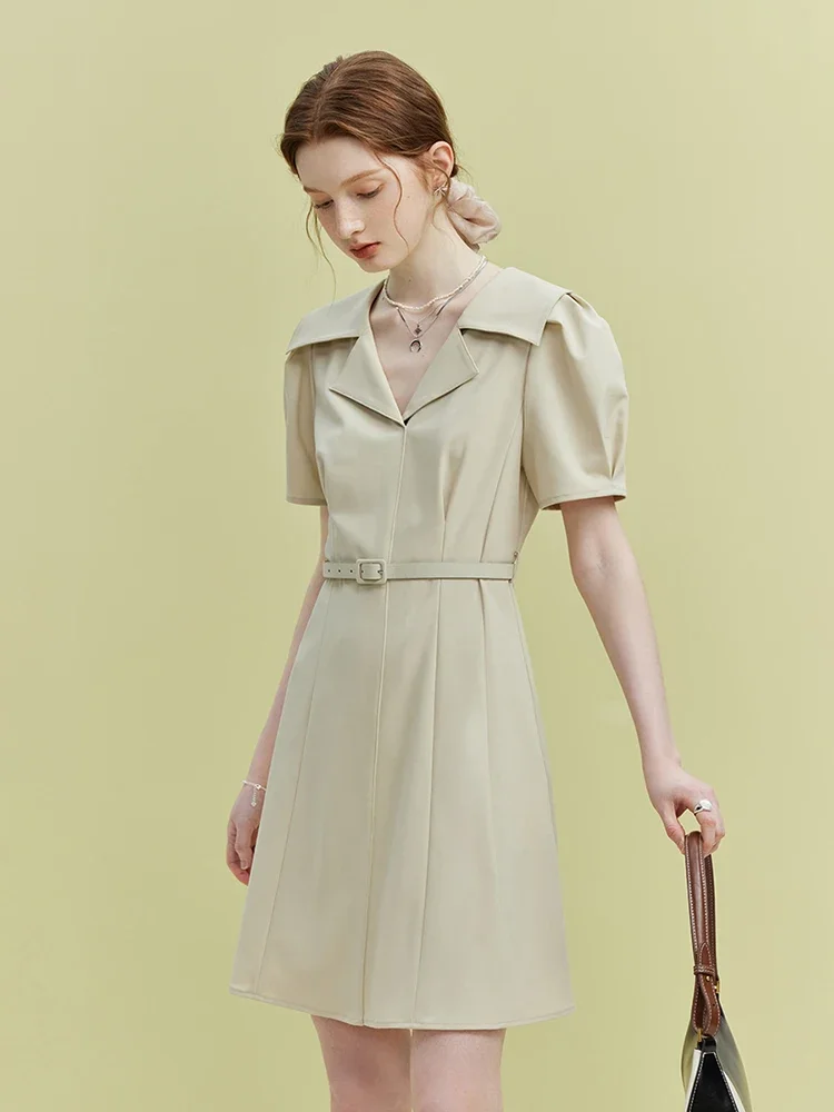 FSLE Turn-Down Collar Solid Office Lady Summer Knee-Length Dresses Puff Sleeve Temperament Short Dress For Women 【With Belt】