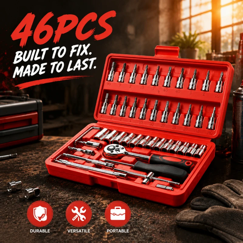 

1/4 Inch Drive Red 46Pcs Repair Tool Set, Metric Ratchet Wrench with Sockets Extension Bars for Car Mechanical Work