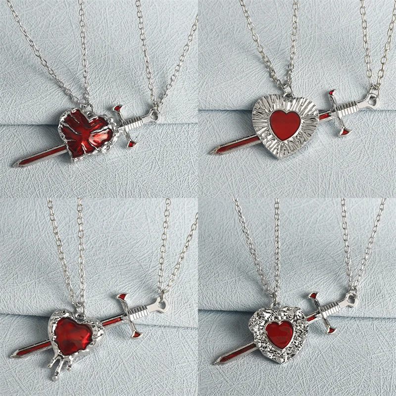 2 stücke Schwerter Herz Anhänger Halsketten für Frauen Männer Kühlen Punk Herz Passenden Halsketten Paar Freundschaft Mode Schmuck Geschenk – Detail 1