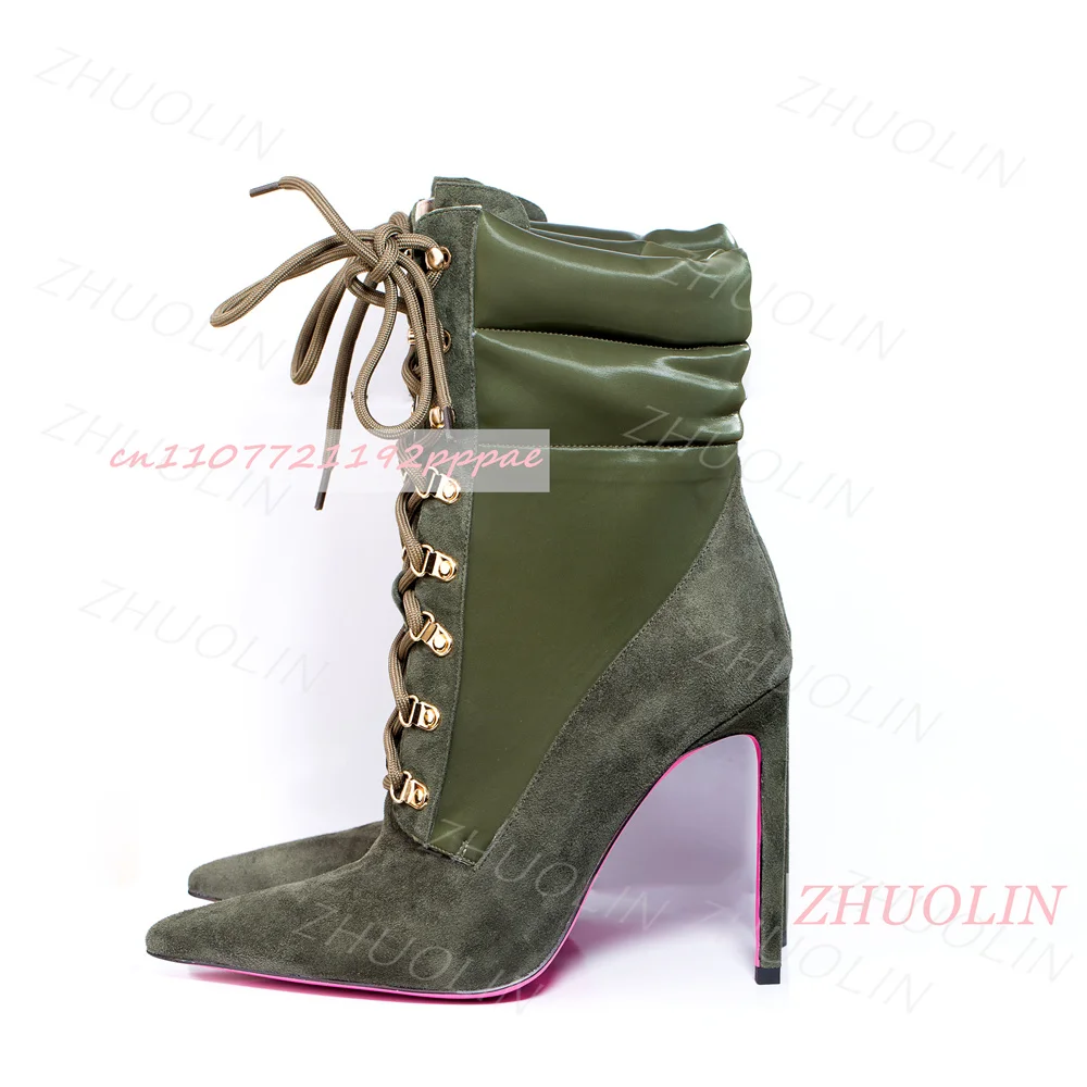 Women Olive Green Suede Lace Up Ankle Boots Pointed Toe Stiletto High Heels Padded Collar Fashion Party Shoes Footwear EU Sizing