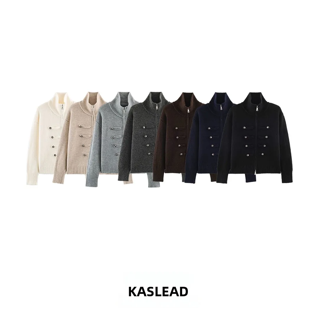 KASLEAD New Women's Knitted Sweater Napoleon Style Stand Collar Zipper Cardigan Double Button Long Sleeve Polyester Fiber