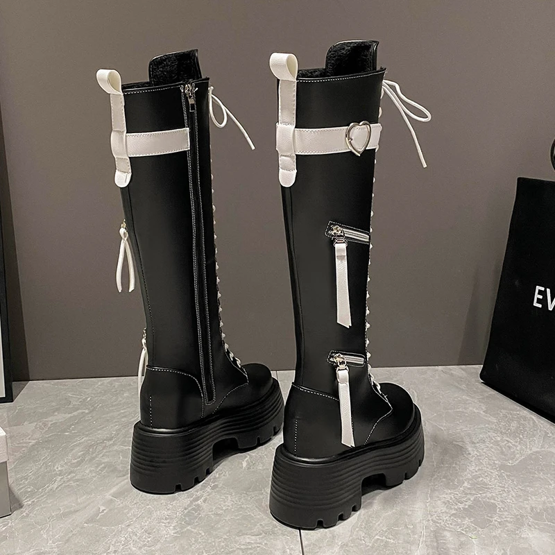 NEW Women Platform Knee High Boots Winter Warm Plush Long Boots Leather Motorcycle Boots Lace-up Chunky Sneakers 8CM High Heels