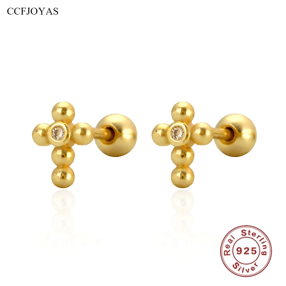 

CCFJOYAS Simple INS Cross-shaped 925 Sterling Silver Piercing Earrings Small Fresh Silver Screw Stud Earrings Women Body Jewelry