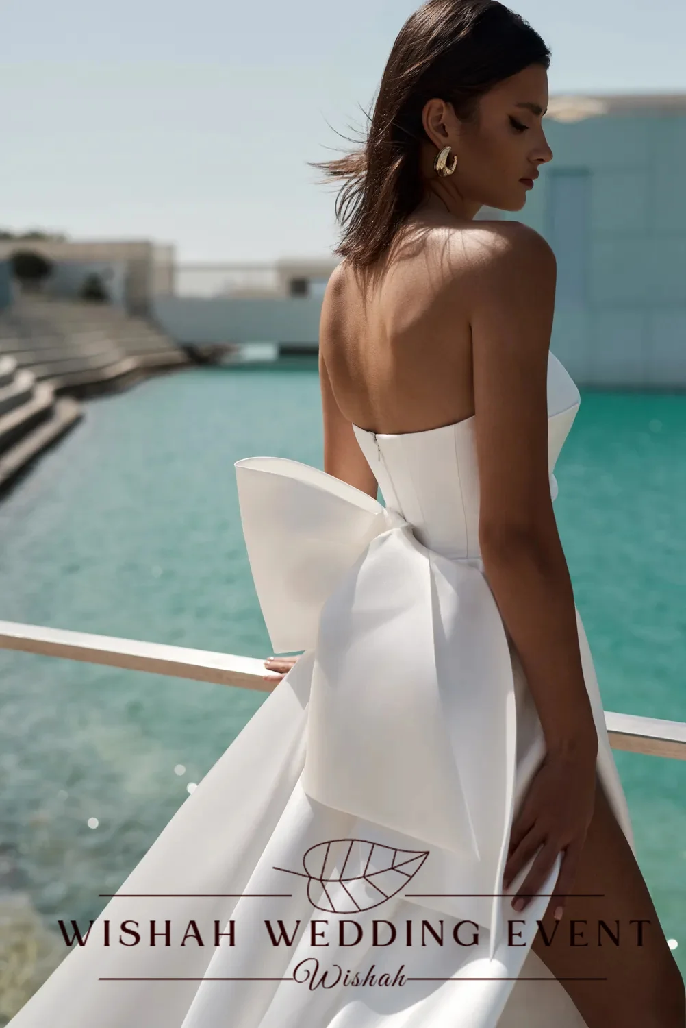 Wishah Customized Weeding Dress Elegant White Boat Collar Sleeveless Backless Pleated Bow High Forked A-line Long Bridal Gown