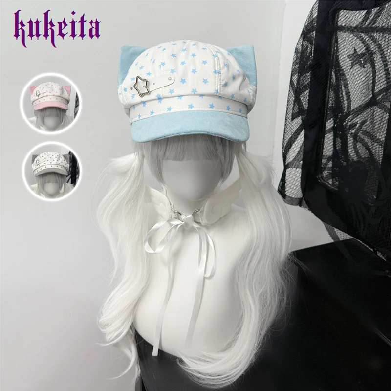 Kukrita Harajuku Y2K Blue White Star Cat Ear Hat Women Girls Japanese Style Kawaii Beret Hats Chic Streetwear Cute Newsboy Caps