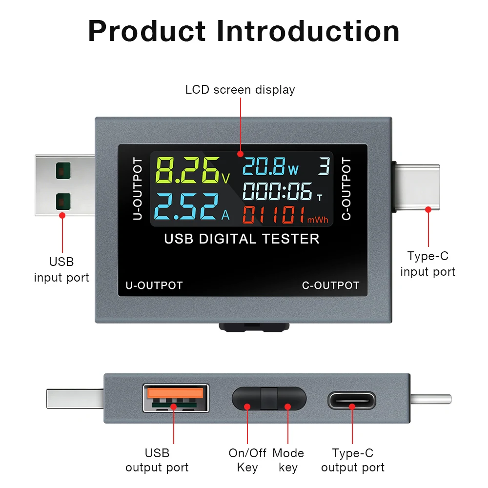 USB Type-C Charging Tester DC 4.5-50V 0-8A Multi-function Digital Display Voltmeter Ammeter Power Meter Charge Capacity Tester view 5