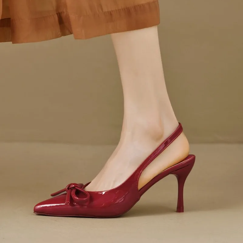2025 nova chegada sapatos de salto alto de couro de patente feminino stiletto com bowknot festa & sapatos formais elegantes sandálias stiletto