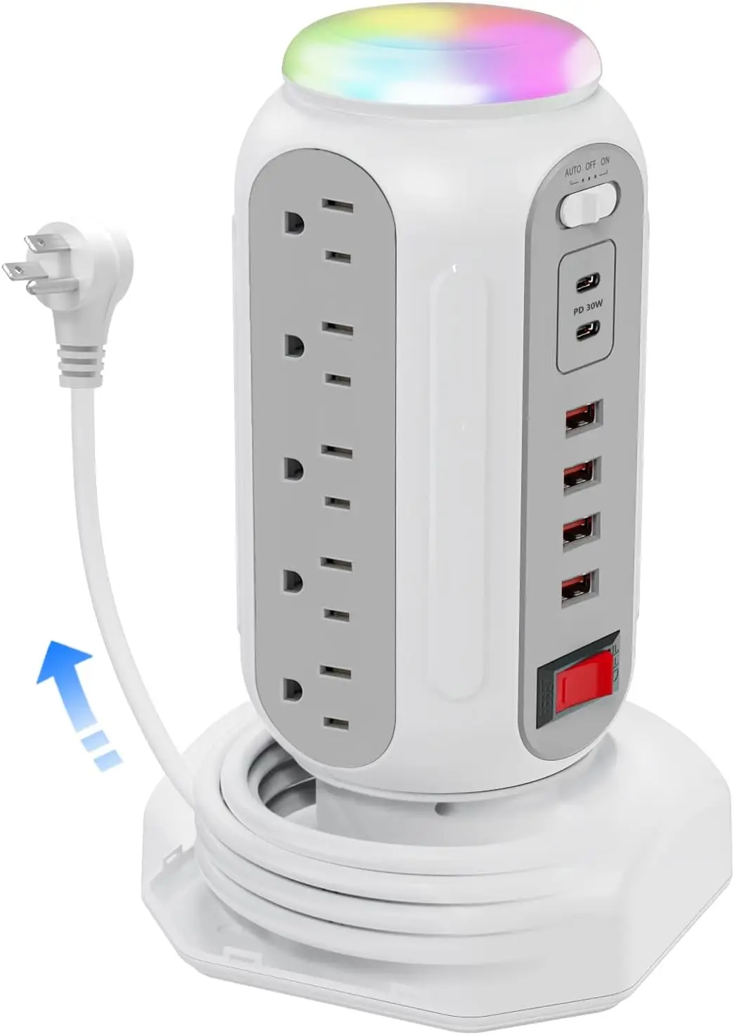 

Удлинитель на 15 розеток с быстрой зарядкой USB-C 30 Вт, 4 портами USB-A, выдвижным шнуром и ночником для дома и офиса