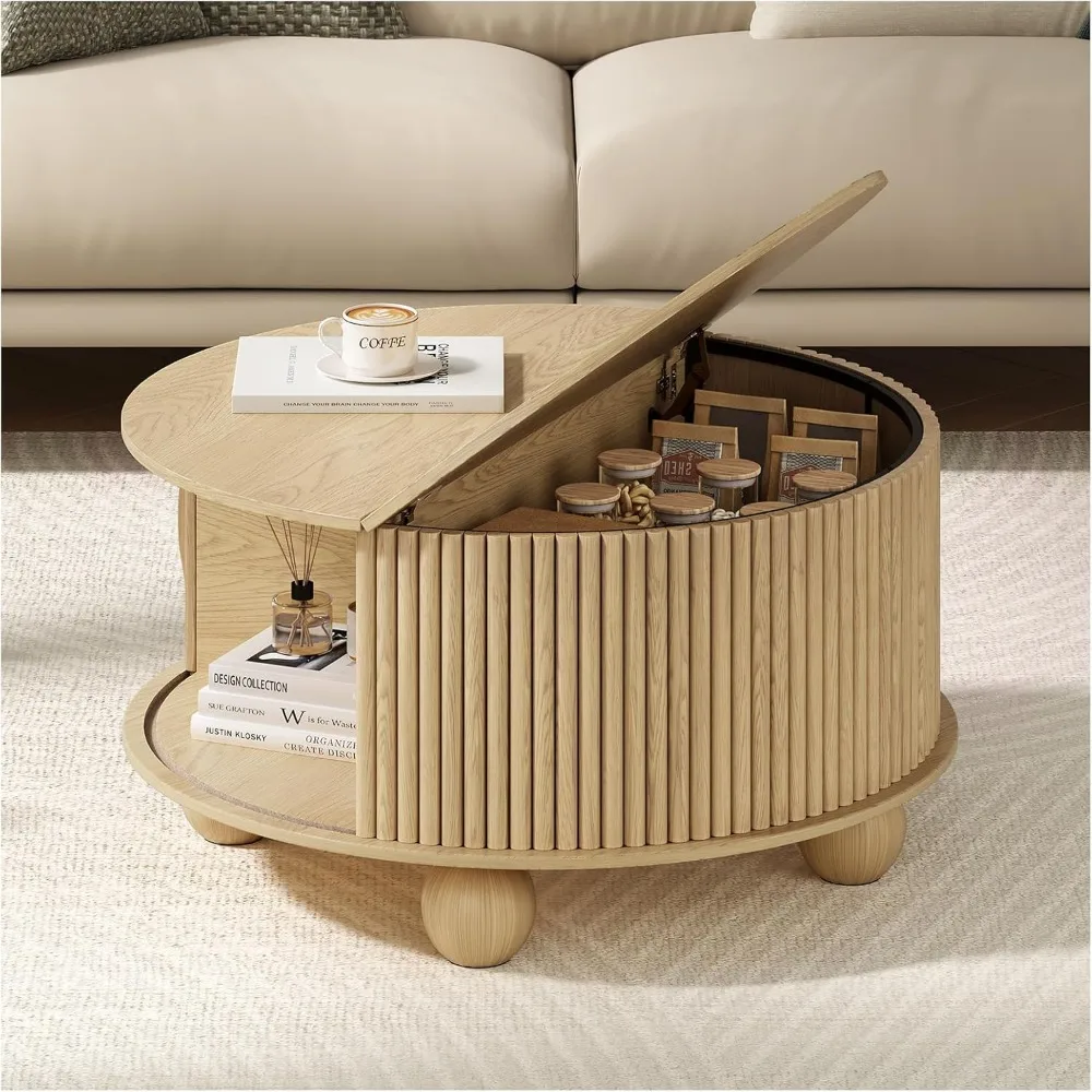 Mid-Century Modern Fluted Coffee Table with Storage for Small Living Rooms