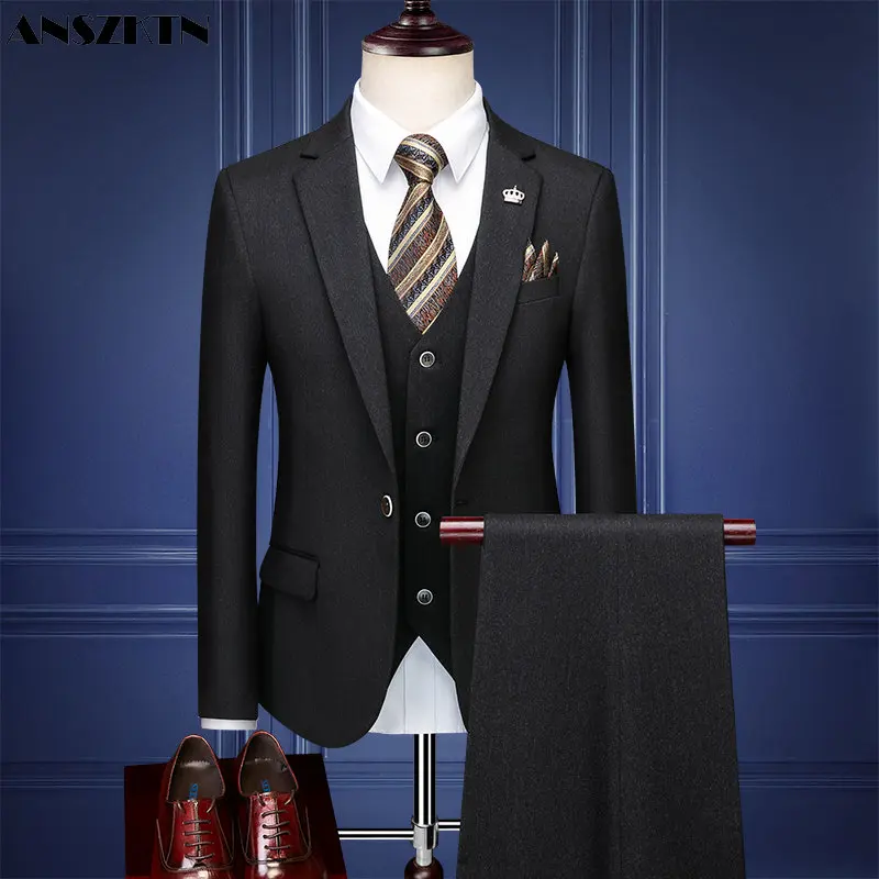 ANSZKTN Men's business leisure professional clothes slim groom best man wedding three-piece dress suit