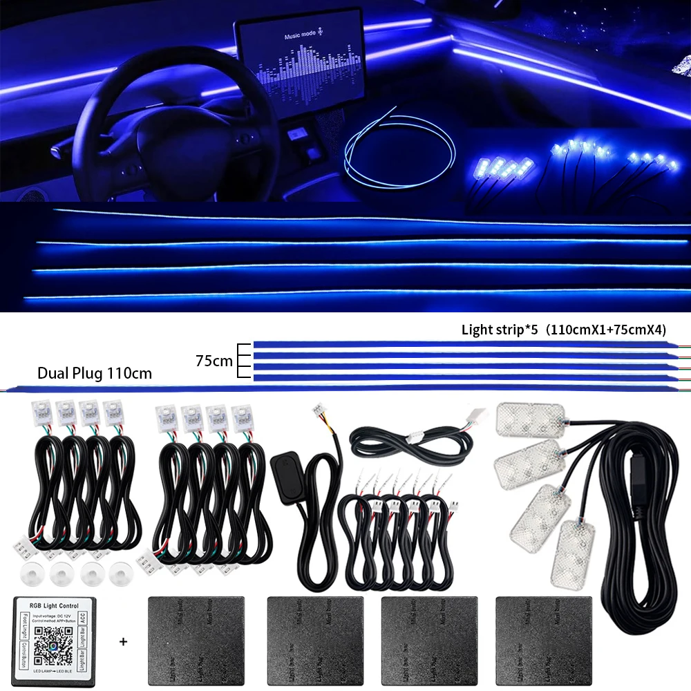 Car LED RGB Ambient Trim Interior Hidden 64 Color Acrylic Strip Neon RGB Accessories Decoration Atmosphere Bluetooth App Control