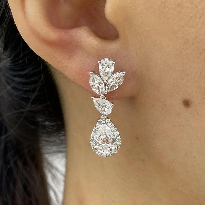 14K White Gold Dangle Drop Earrings 4.78Ctw EF-VS Lab Grown Diamond Earrings Marquise&1Ct Each Pear IGI Halo Teardrop Jewelry
