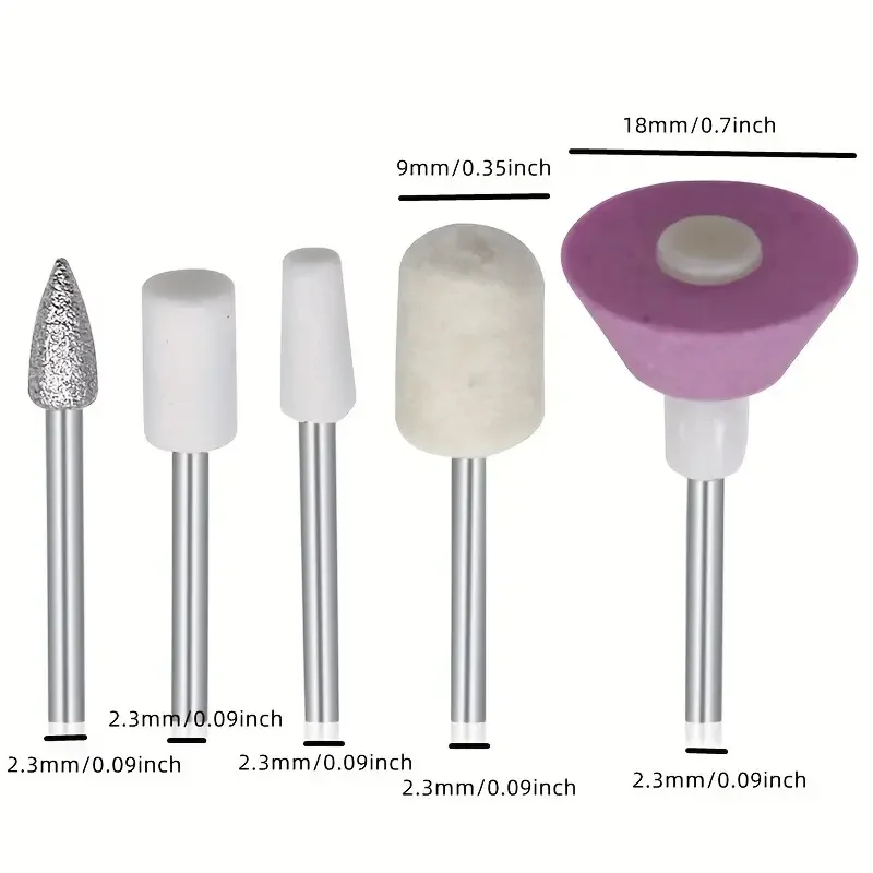 مجموعة رؤوس مثقاب طلاء الأظافر مكونة من 5 قطع، 2.35 مم - مثالية لتقشير وإزالة الجلد الميت، أدوات احترافية لفن الأظافر، معدن، أبيض