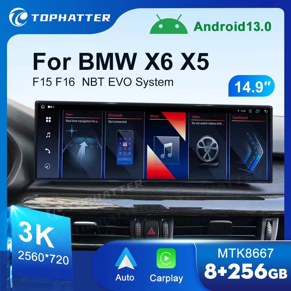 

14.9 Автомобильное радио для BMW X5 F15 X6 F16 NBT EVO Система CarPlay Android Auto Мультимедийный плеер Экран Головное устройство Navi Дисплей стерео