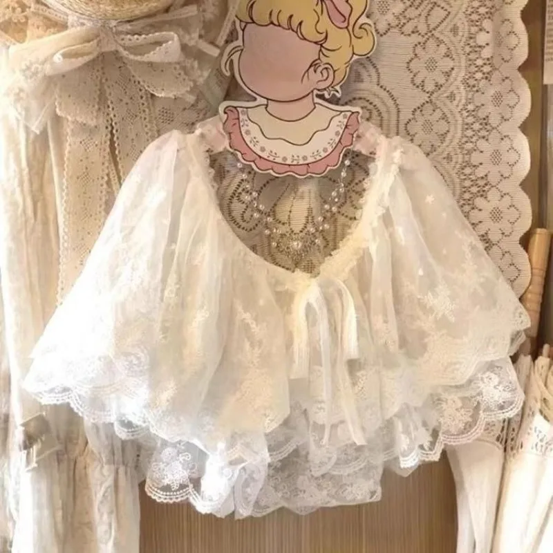 Lolita Sweet Lace Shawl Women Versatile Drawstring Doll Collar Sweet Fake Forest Japanese Retro Fashion Embroidery Tops New