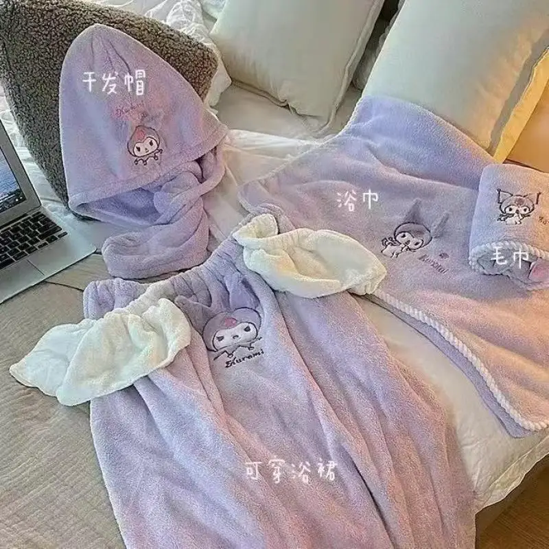 

Sanrio детские банные юбки из трех частей Kuromi модные банные юбки быстросохнущие шапки для сушки волос бытовые полотенца без выпадения волос