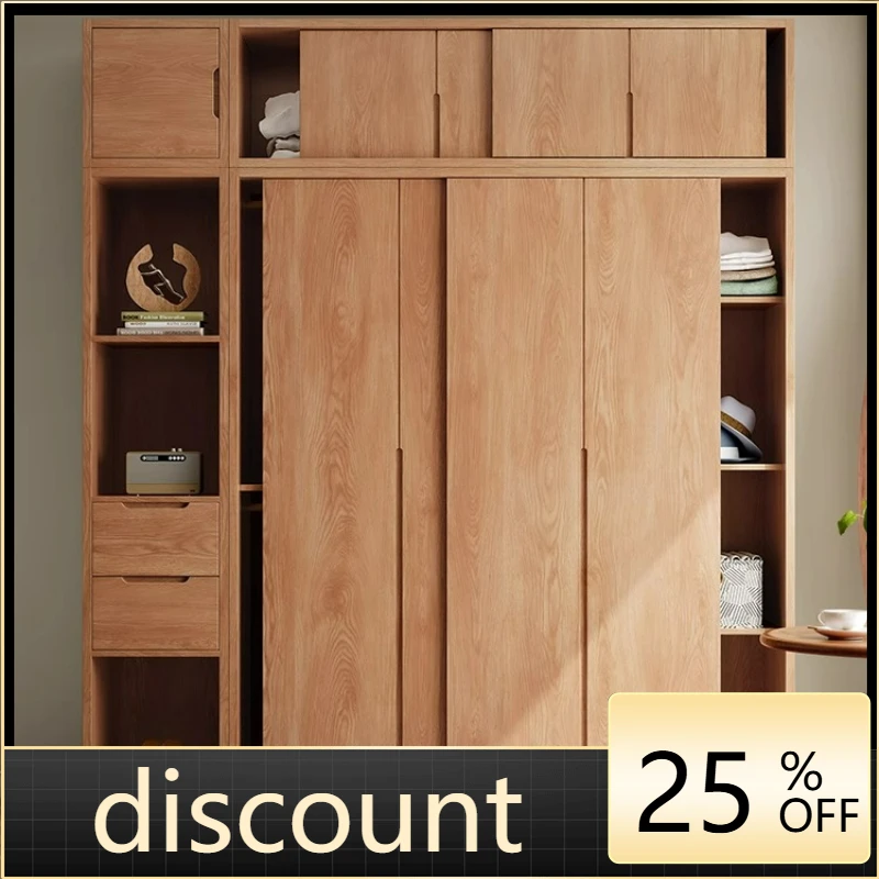 LTT all solid wood sliding door wardrobe Nordic oak small apartment finished sliding door cabinet