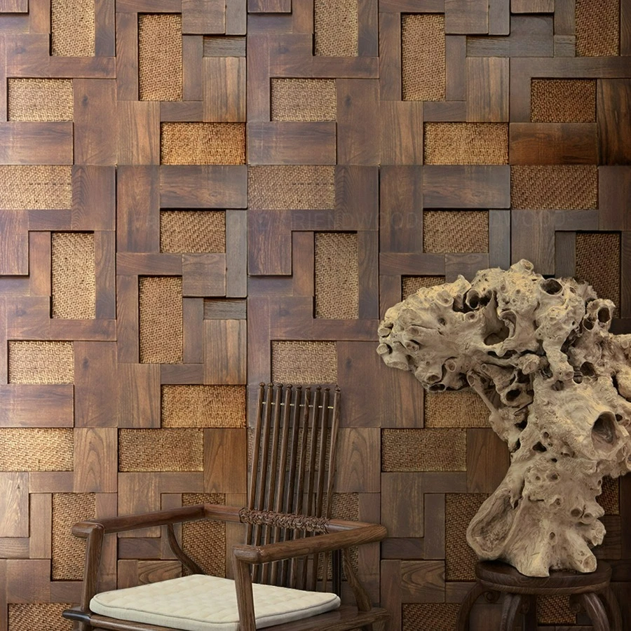 Solid Wood Mosaic Tiles Woven Rattan Ash Wood Vintage Wall Panel New Chinese Medieval for Living Room Cafe Restaurant Home Decor