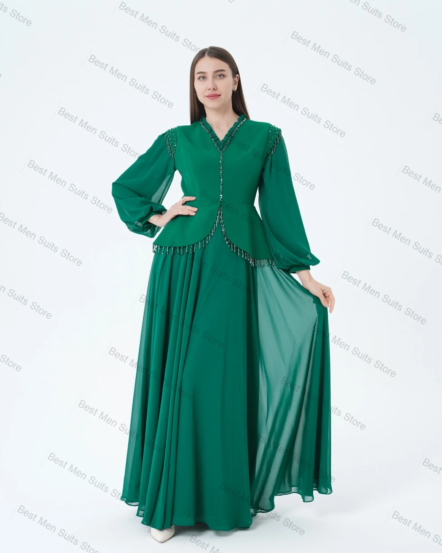 

Green Crystals Women Suit Set 2 Pcs Beaded Blazer+Prom Dress Luxury Autumn Formal Office Jacket Customized Wedding Guest Coat