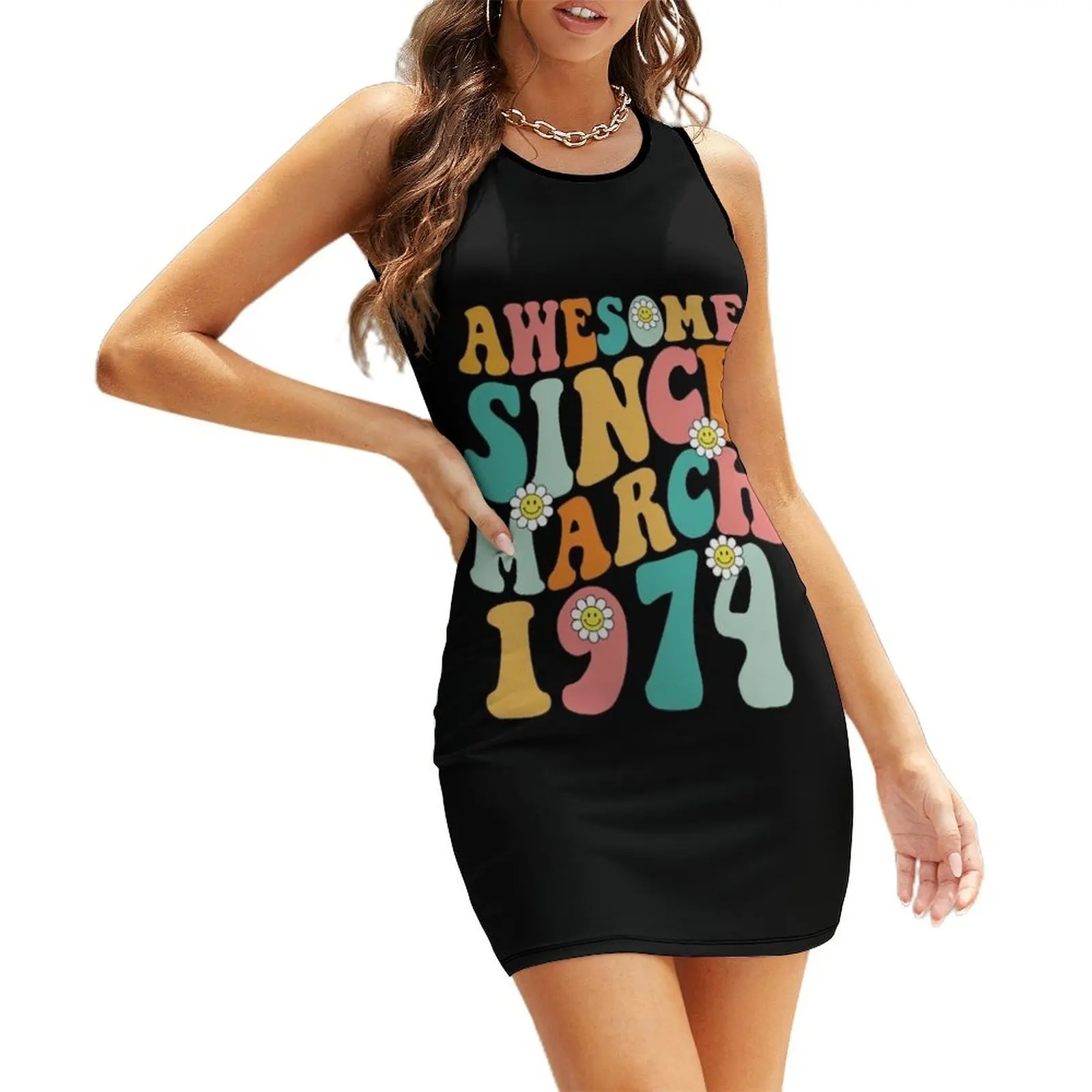 رهيبة منذ مارس 1974 صنع في عام 1974 فستان صيفي رائع لعيد الميلاد بدون أكمام ملابس نسائية صيفية فستان عيد ميلاد #1