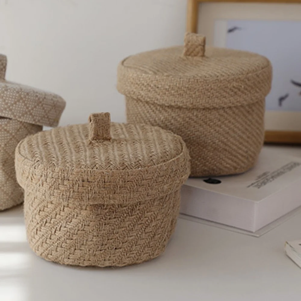 Weaving Storage Basket Snack Storage Box Jute Sundries Storage Baskets with Lids Wardrobe Table Round Gift Box Wicker Boxes