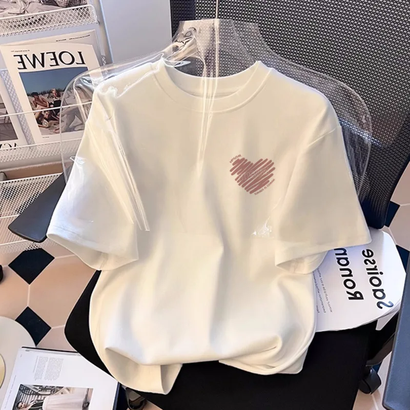 White regular shoulder short-sleeve T-shirt for women 2026 new popular style, simple design sense, summer top, loose fit T-shirt