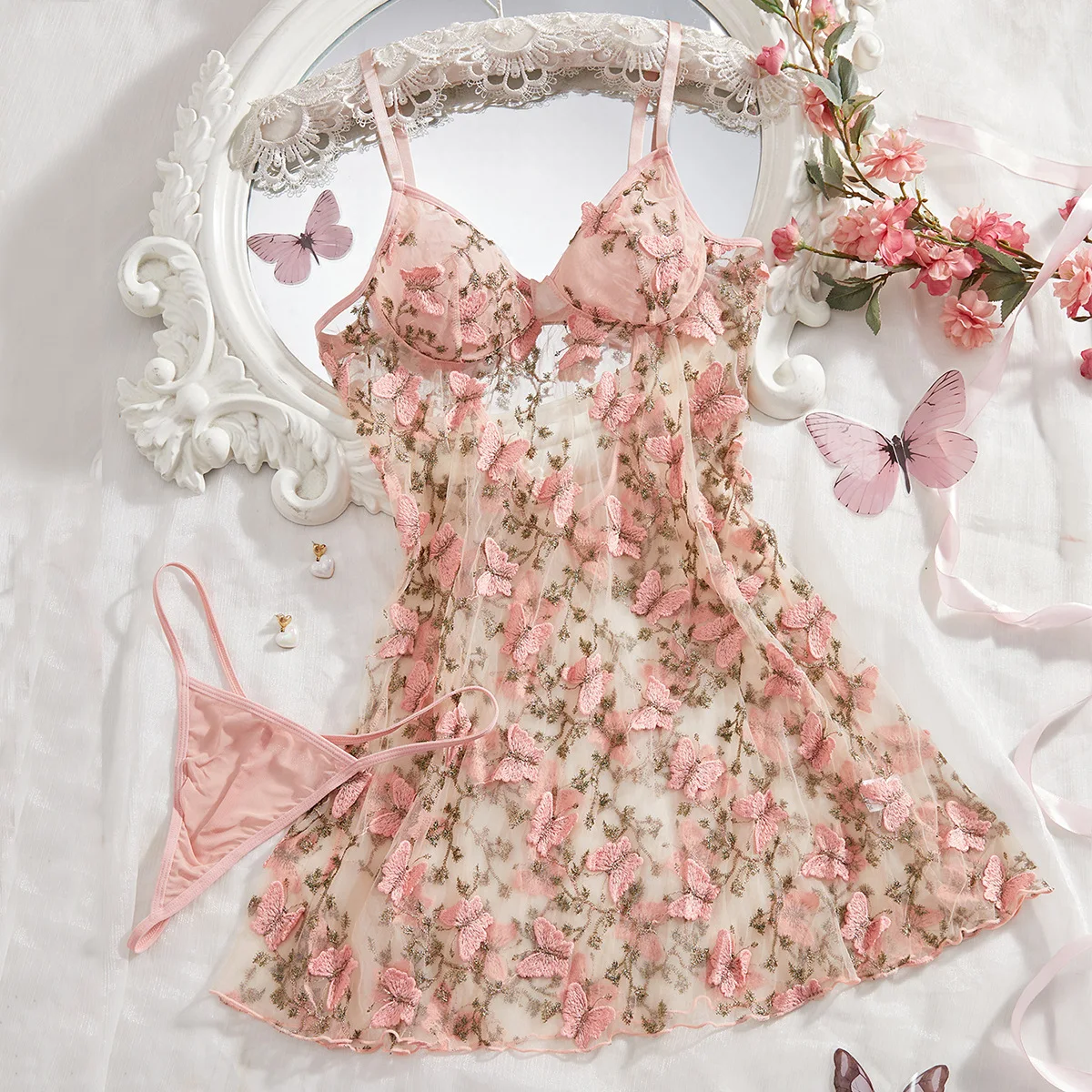 Sweetheart Lingerie Set - Sheer Babydoll with Butterfly Appliqué & Panty, Cute Sleepwear