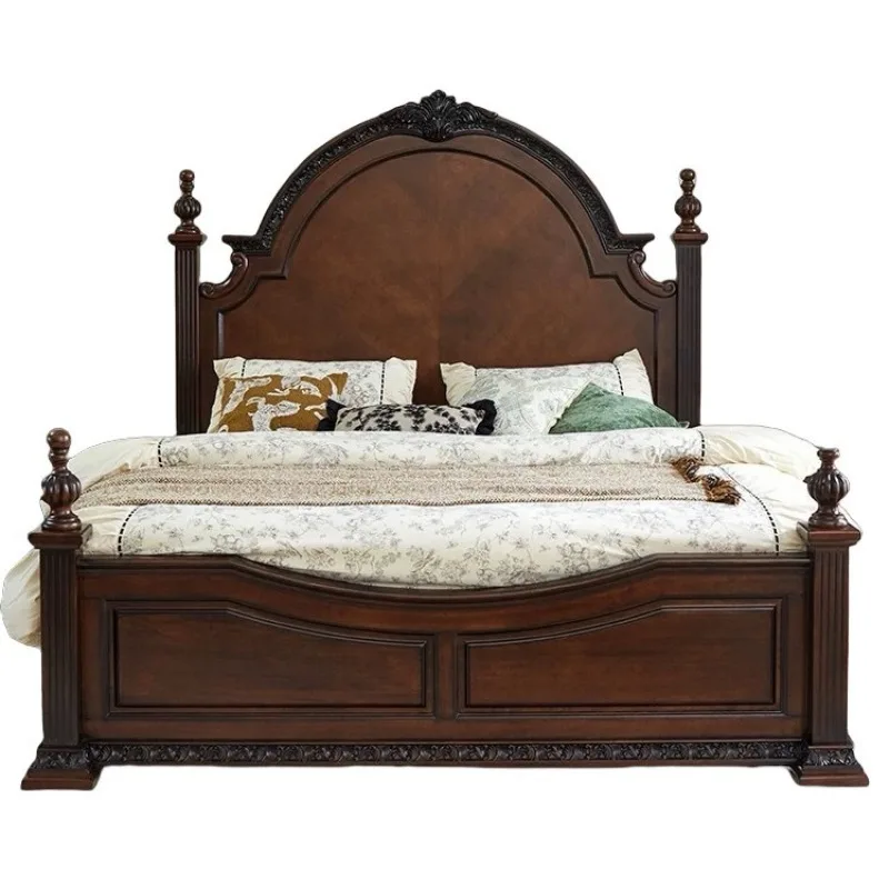 Medieval American Roman column solid wood bed, villa furniture wedding bed