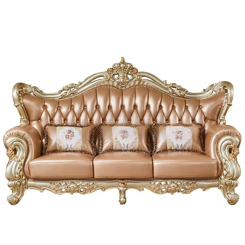 

Европейский кожаный диван цвета шампанского, золото, первый слой воловьей кожи, резьба из массива дуба