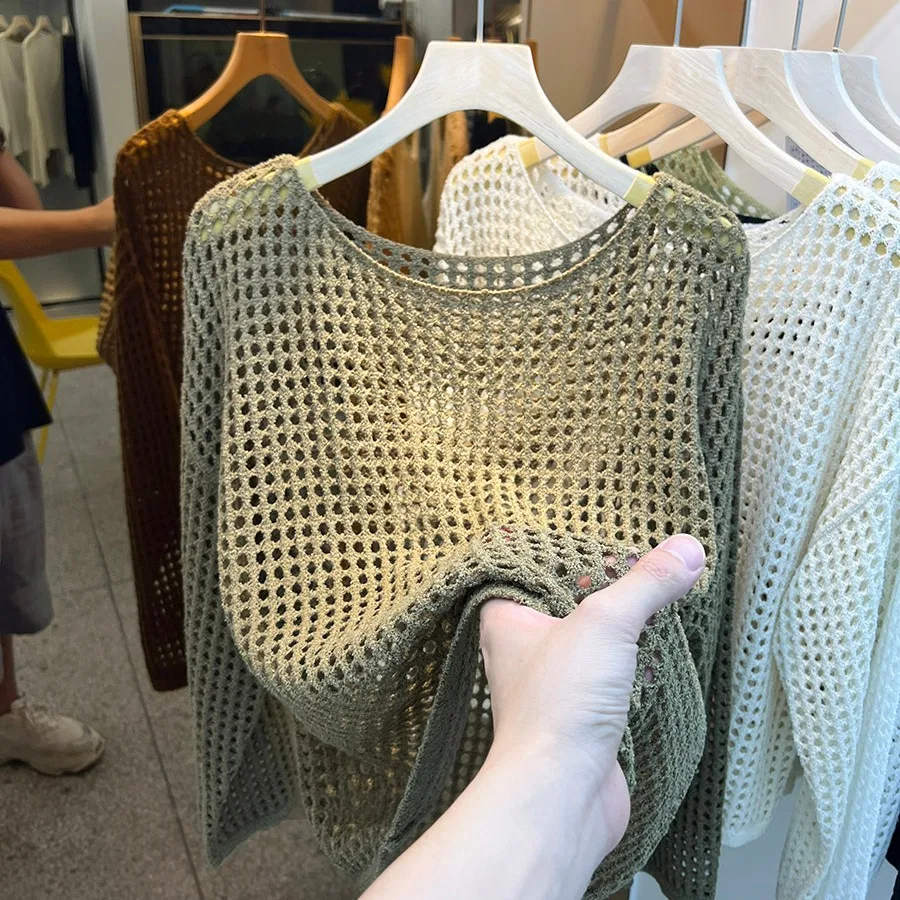 Bild 5: Lässiger Langarm-Pullover mit Lochmuster für Damen, Sonnenschutz-O-Ausschnitt Strickpullover, Damen-Oberteile, Pullover Q3446