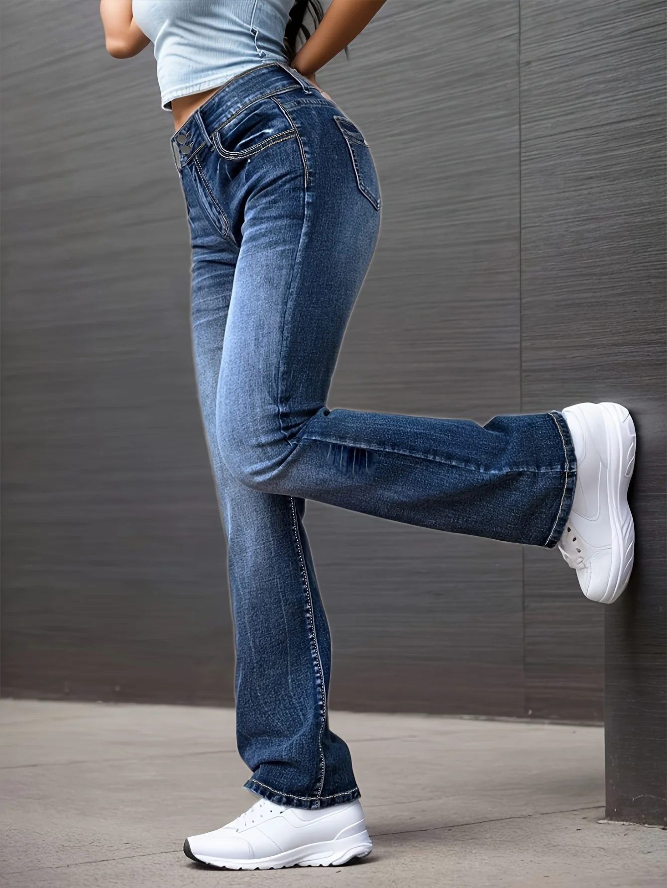 جينز كاجوال ممزق اللحية المتعثرة، جينز عالي المرونة مغسول، سروال واسع بجيب مائل وزر مزدوج