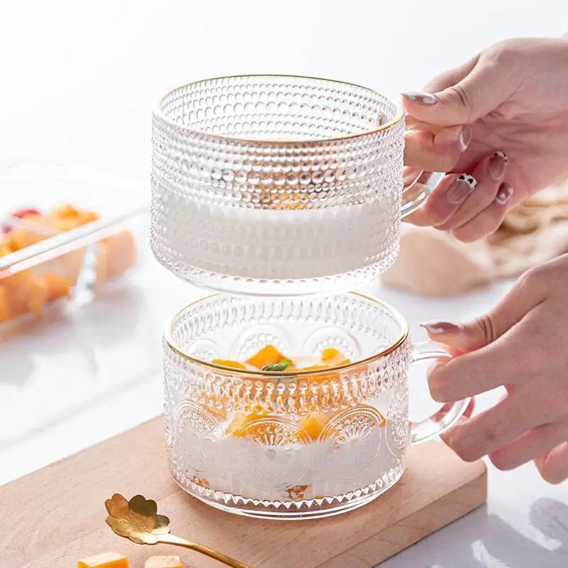 Nordic Large Capacity Phnom Penh Glass Oatmeal Breakfast Mug Home Milk Mug Floral Belt Handle Coffee Cup