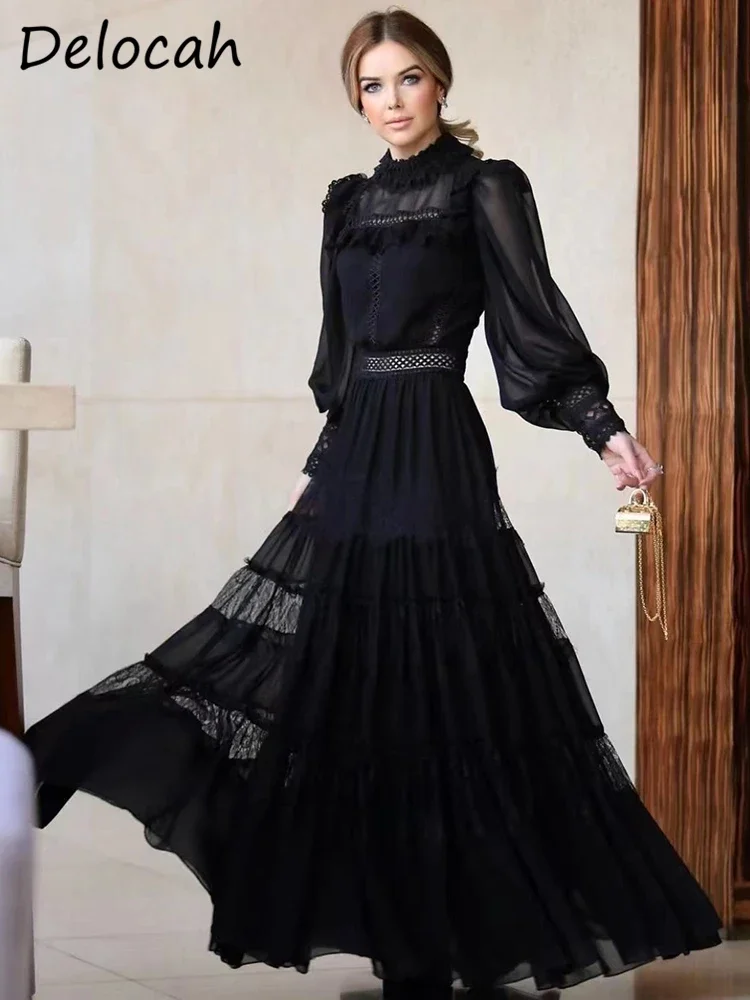 Delocah High Quality Summer Women Fashion Designer Big Swing Long Dress Lantern Sleeve Shirring Ruffles Hollow Out Black Dresses