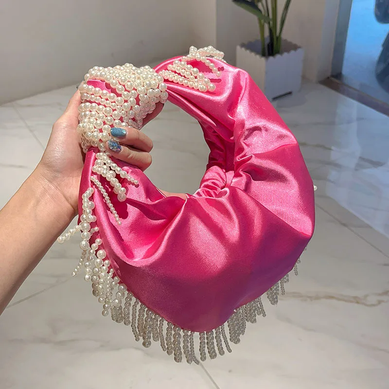 

Цветные контрастные вечерние сумки в форме полумесяца для женщин, роскошные дизайнерские сумки, кошельки, новая мода, плиссированный клатч с кисточками из бисера