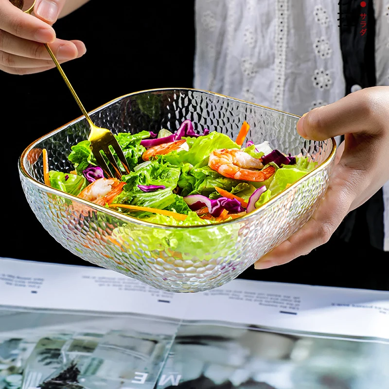 Phnom Penh Square Glass Bowl Tableware Household Fruit Bowl Dessert Salad Bowl Japanese Noodle Bowl Tableware Soup Bowl