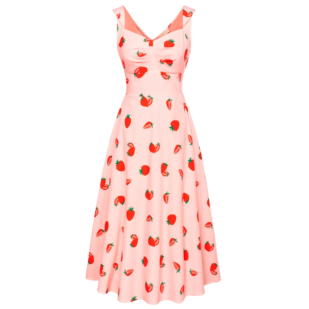 

BP Summer Dress Women Sexy Vintage Square Neck Dress Sleeveless Strawberry Cherry Printed V-Back Flared A-Line Midi Dress