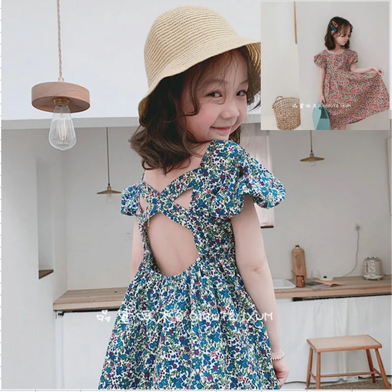 Girls' Floral Backless Dress Princess Dress24Summer New Foreign Trade Children's Wear Delivery3-8Years Old