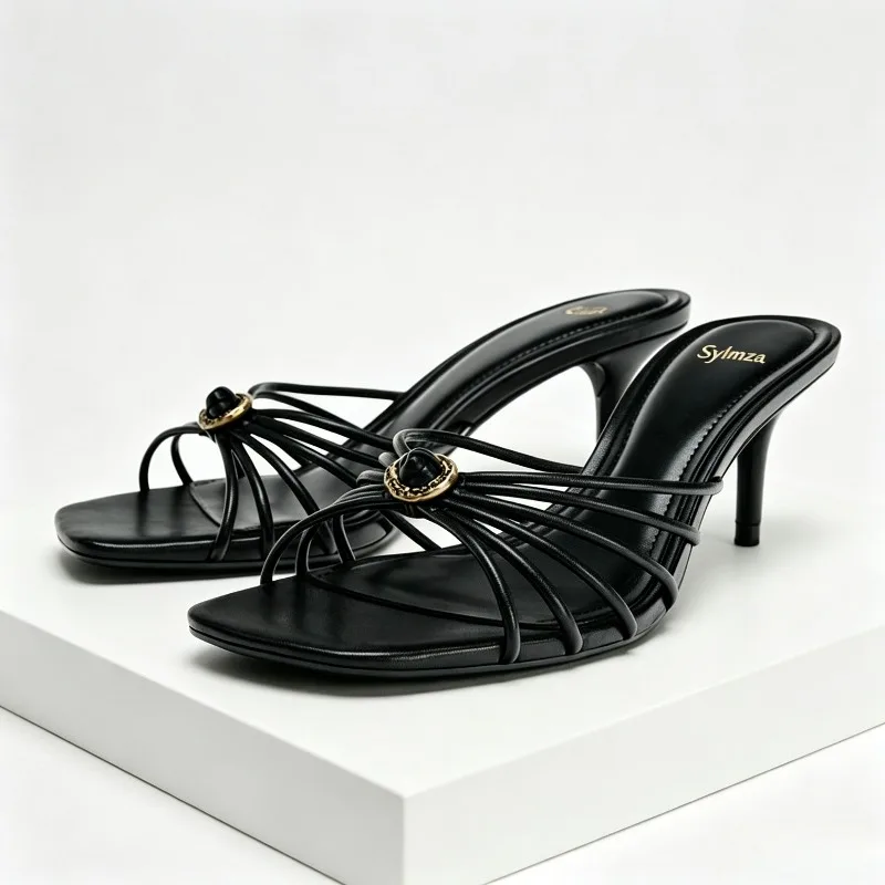 

fashion Metal Decoration Cross-tied High heels Women sexy Open-toe Square Toe mules Sandals for ladies Street Style Slippers