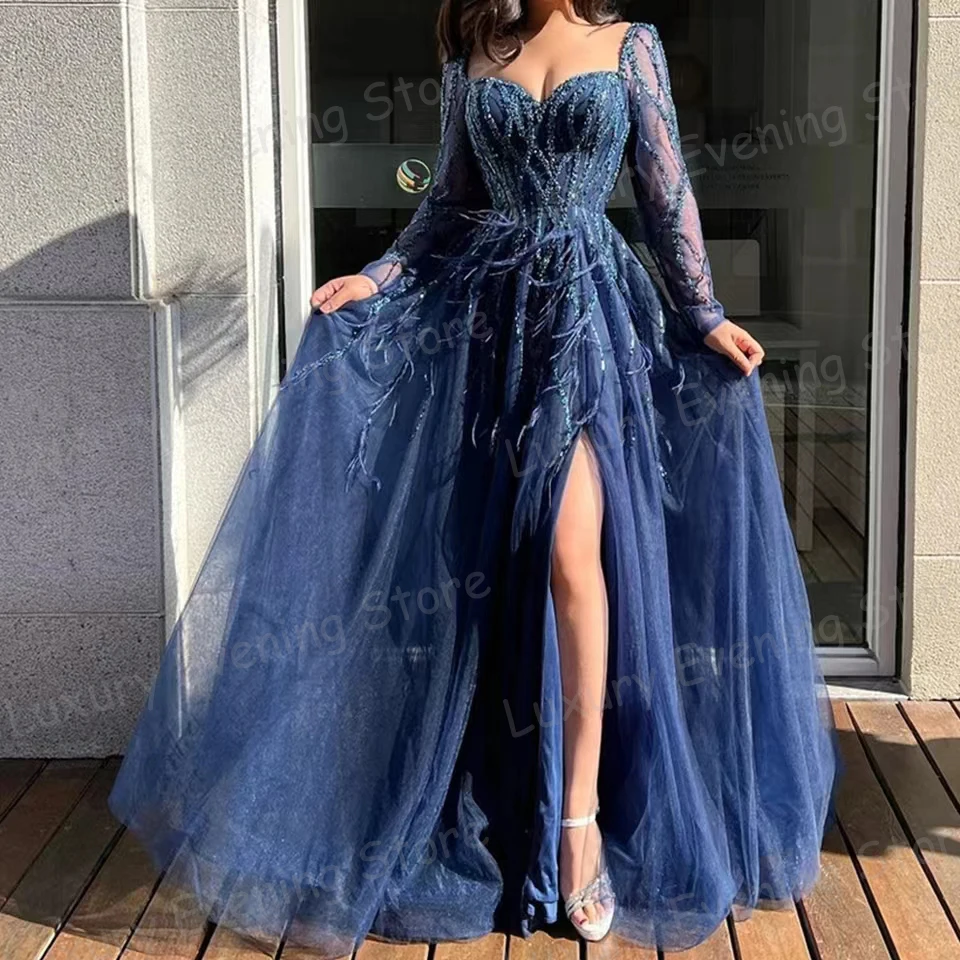 Vintage Feathers Evening Dresses Woman\'s A Line Sexy Split Prom Gowns Appliques Elegant Long Sleeve Fashion Vestidos Customized