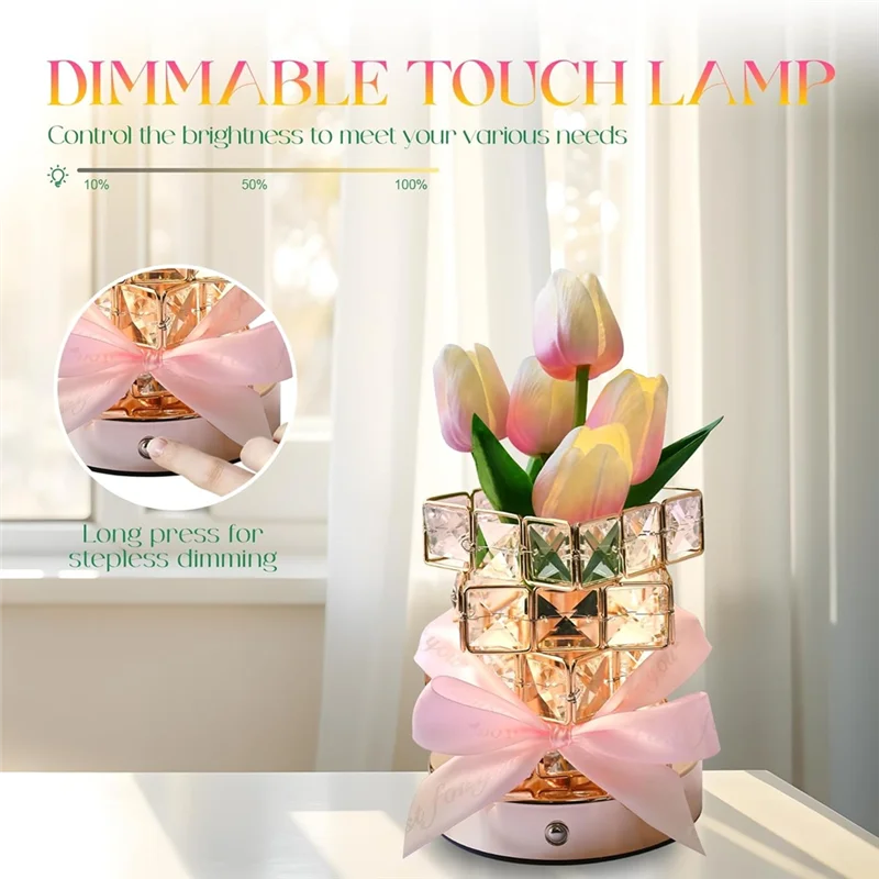 ABKO-Lámpara de flor de tulipán recargable inalámbrica, luz nocturna alimentada por batería regulable de 3 colores, lámpara de mesa pequeña controlada por tacto
