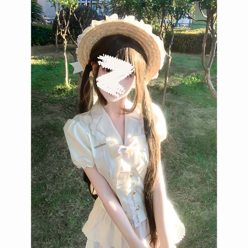 Gentle and Sweet College Style Navy Collar Short Sleeved Bow Top Paired with Waist Cinching Slimming Skirt Two-piece Set